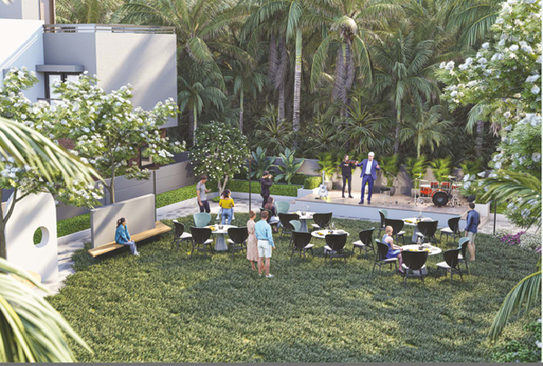 Gated villa community with private bungalows in Pal featuring peaceful green surroundings and outdoor seating – perfect for family gatherings.